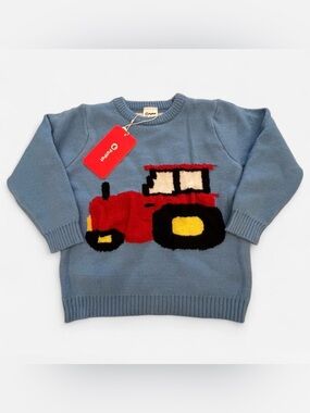 PatPat Blue Long Sleeve Knit Sweater with Red Tractor Graphic Size 18-24 Months